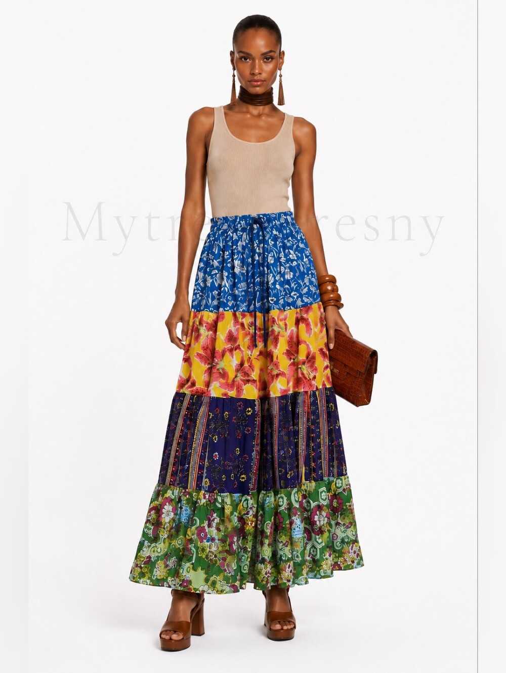 NWT Jackpot Breathable Boho Multi-Color Tiered Maxi Skirt Patchwork Gypsy